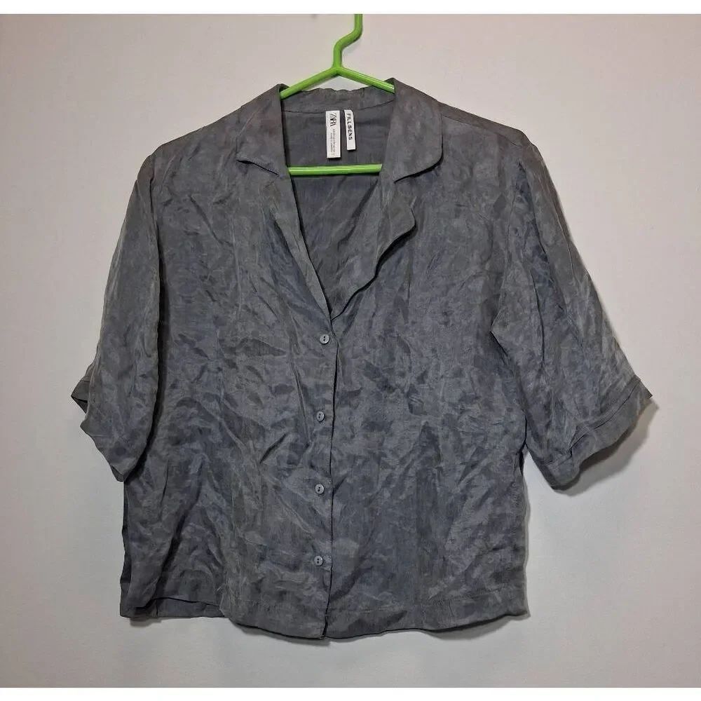 Zara womens medium boxy shirt gray blouse light lyocell
